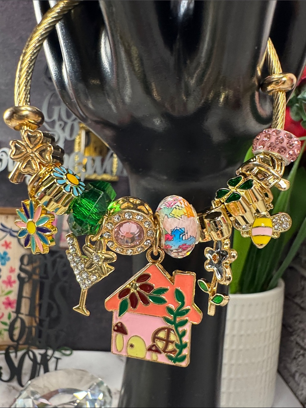 Gold Charm Bracelet with Pink and Green Enamel Charms